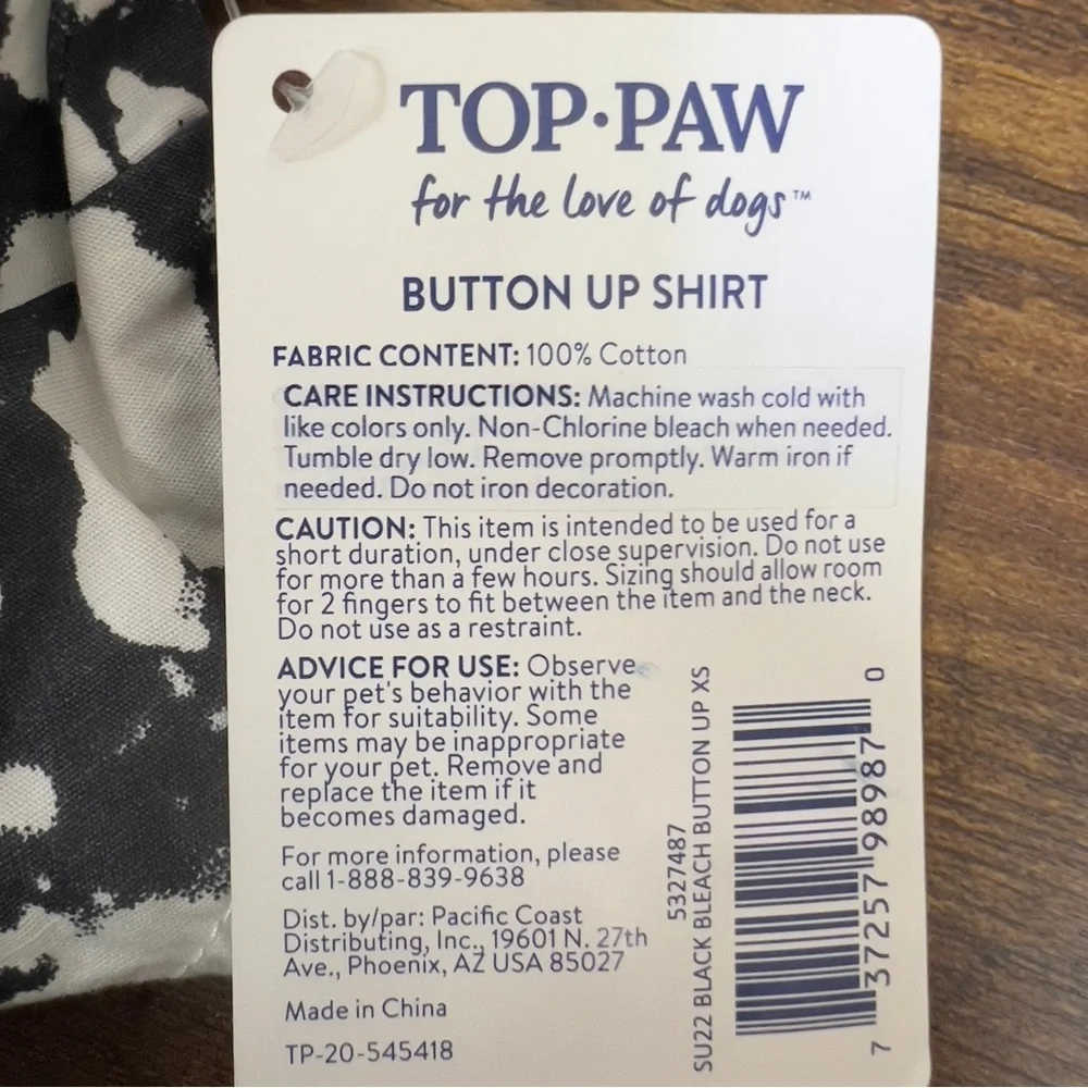Top Paw Dog Size X-Small Button Up Shirt Black Bleach Button Up Black & White